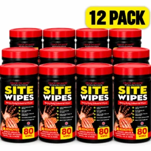12 pack - Site Wipes - Heavy Duty Cleaning for Hands, Tools & Surfaces - Textured Trade Wipes for Grease, Oil, Fresh Paint, Silicone, Adhesive Residue, Sealant & PU Foam - Citrus Scent - 80 Wipes