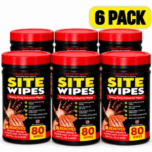 6 pack – Site Wipes – Heavy Duty Cleaning for Hands, Tools & Surfaces – Textured Trade Wipes for Grease, Oil, Fresh Paint, Silicone, Adhesive Residue, Sealant & PU Foam – Citrus Scent – 80 Wipes